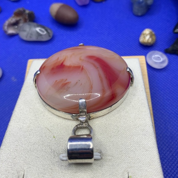 HUGE gorgeous Red & Orange Banded Agate “BLOOD MOON” Pendant w Choice of Chain! - Picture 7 of 14